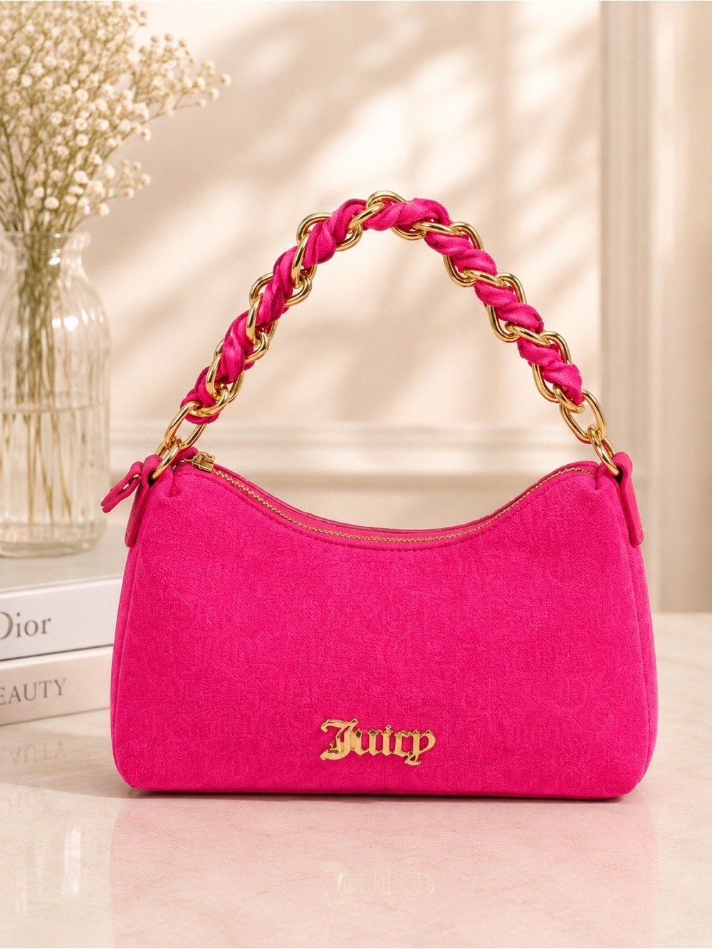 Juicy Couture Pink Baguette Shoulder Bag Gold Chain Logo Y2K